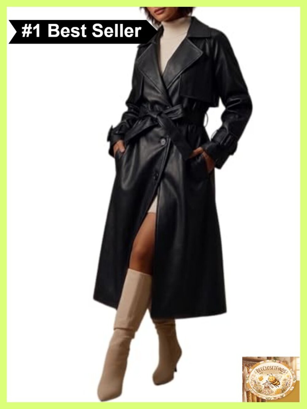 Faux Leather Classic Lapel Belted Loose Trench Coat Long Sleeve